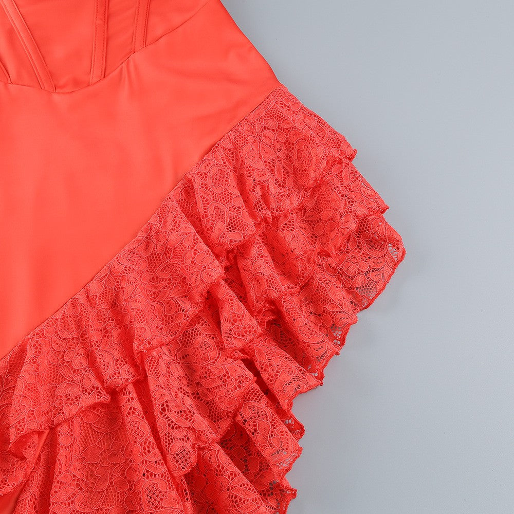 Spaghetti Strap Sleeveless Lace Corset Ruffle High-Low Gown D26022