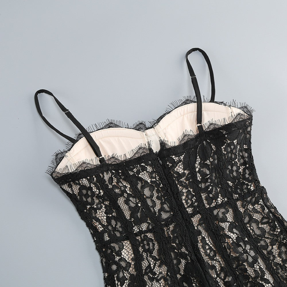 Spaghetti Strap Sleeveless Scalloped Lace Bodycon Gown D2607