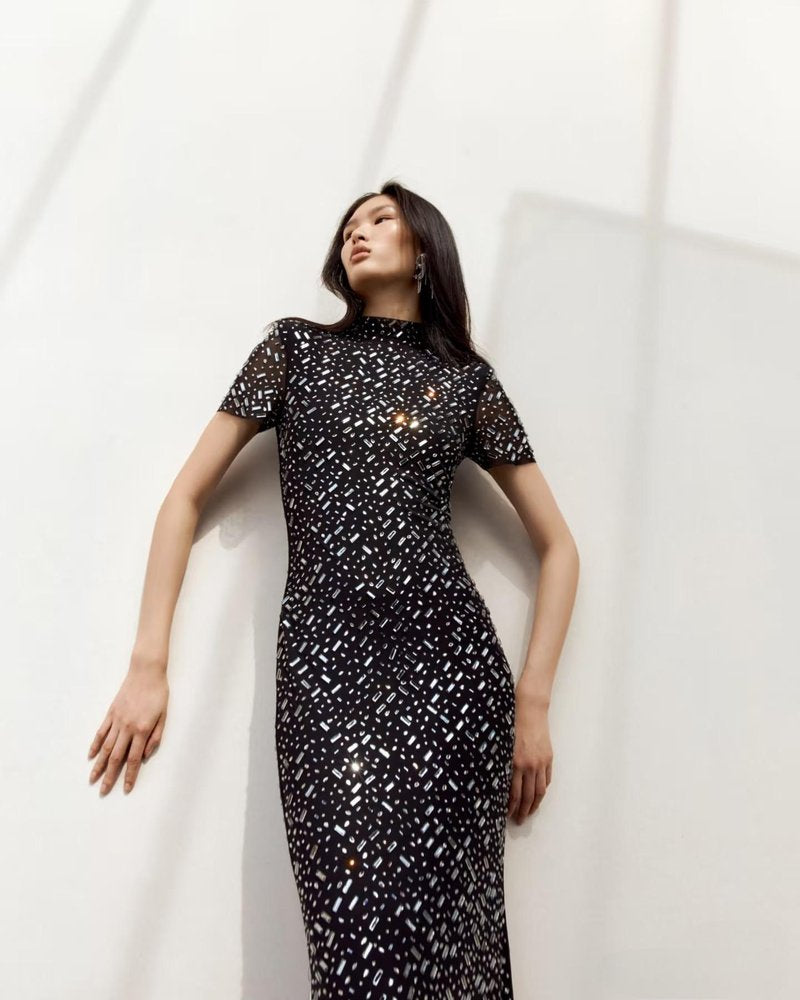 Sparkle Beaded High Neck Sheath Dress H6850