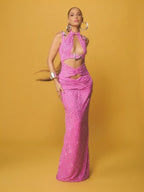 Sparkle Cutout Halter Maxi Dress H6876
