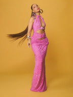 Sparkle Cutout Halter Maxi Dress H6876