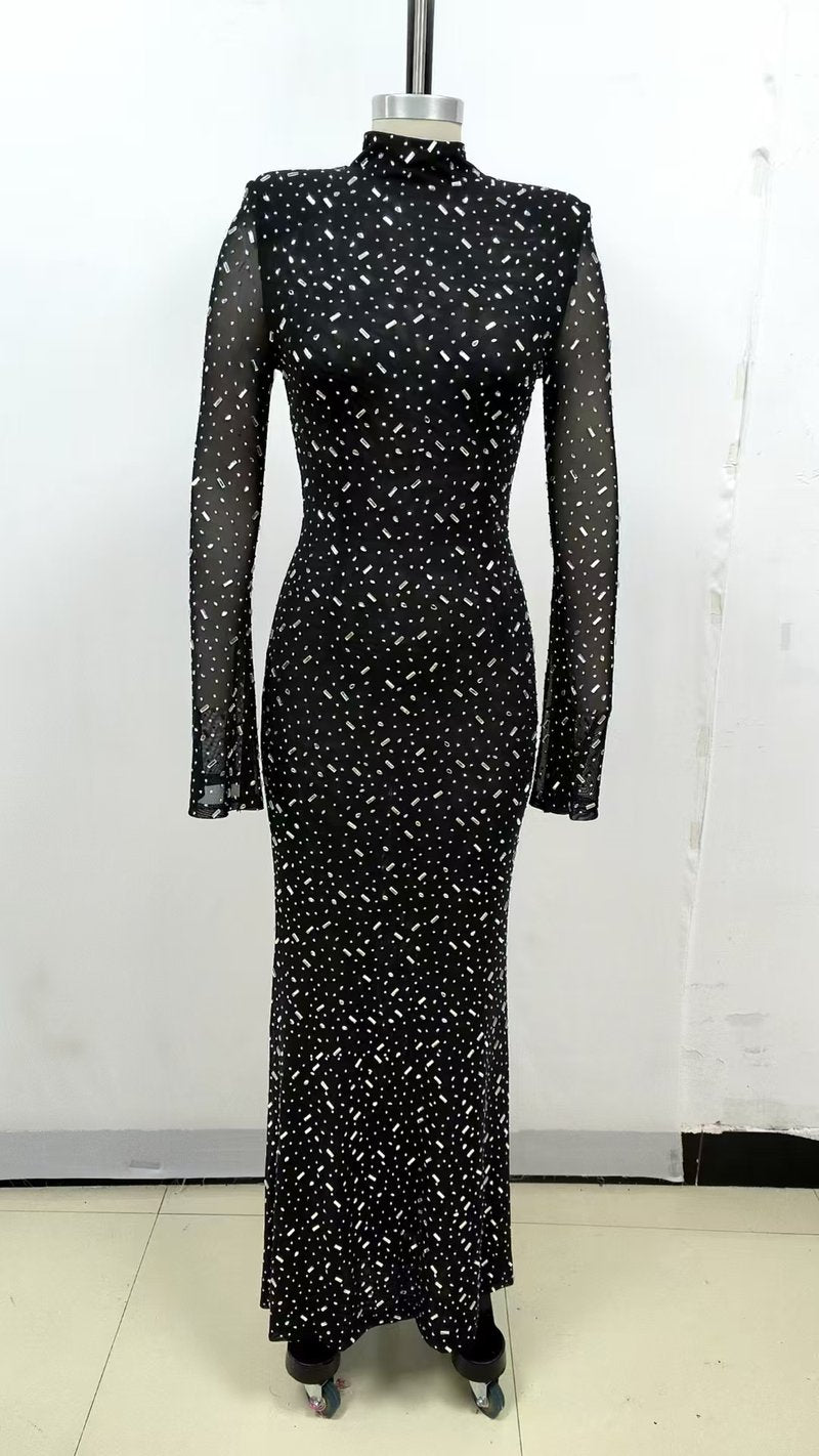 Sparkle Mesh Long Sleeve Maxi Dress H6493