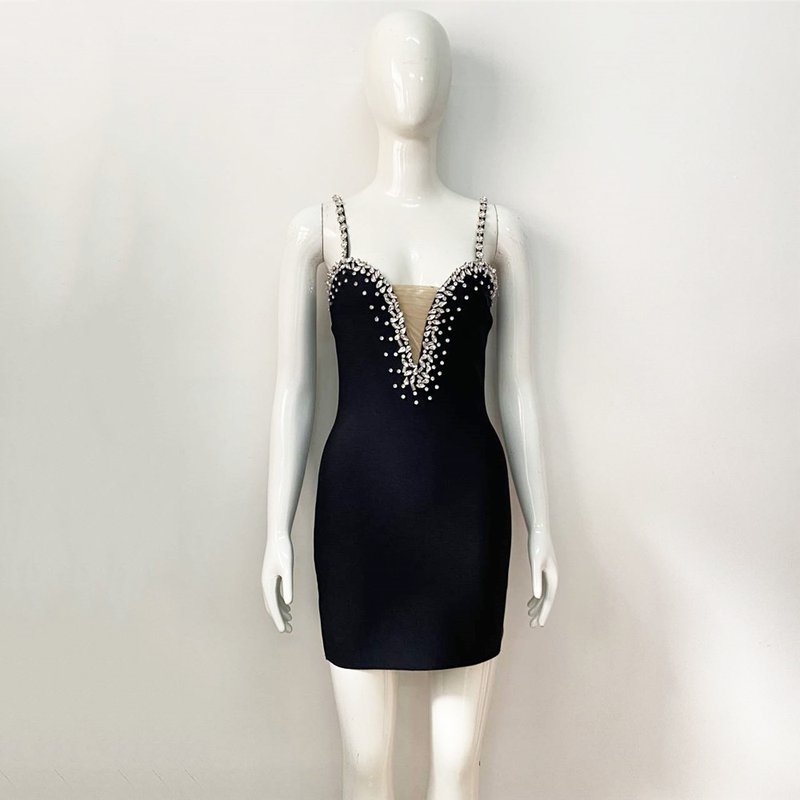 Sparkle Strap Deep V Neck Bandage Dress H5917