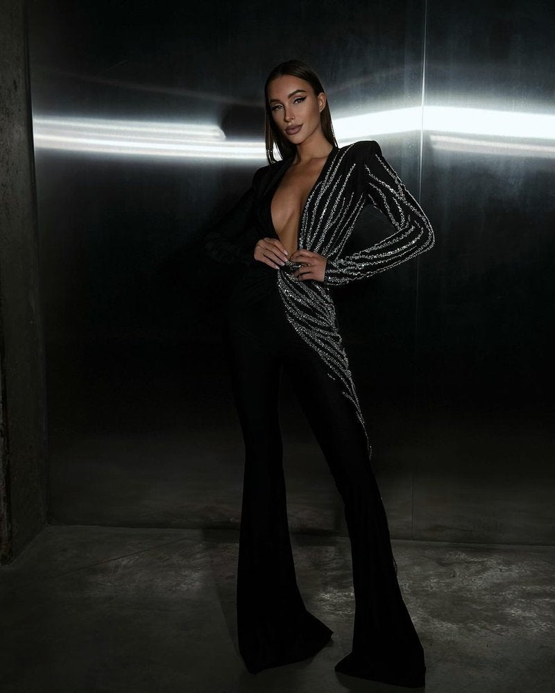 Sparkle Stripe Deep V Neck Jumpsuit H6262