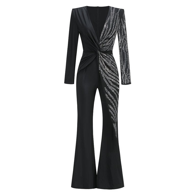 Sparkle Stripe Deep V Neck Jumpsuit H6262