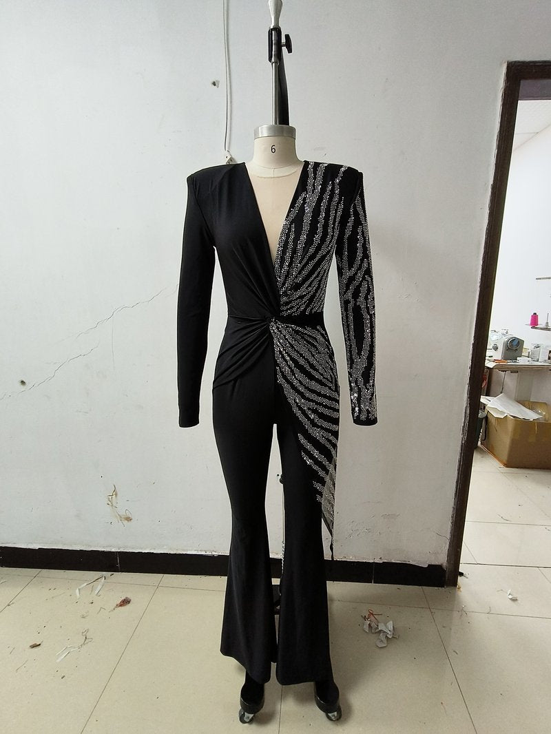 Sparkle Stripe Deep V Neck Jumpsuit H6262