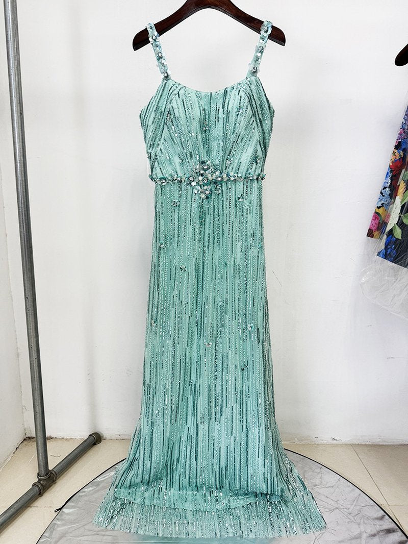 Sparkling Beaded Turquoise Maxi Dress H6769