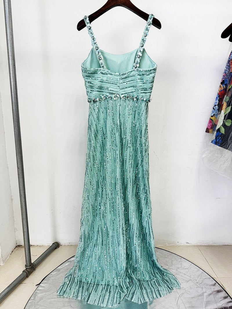 Sparkling Beaded Turquoise Maxi Dress H6769