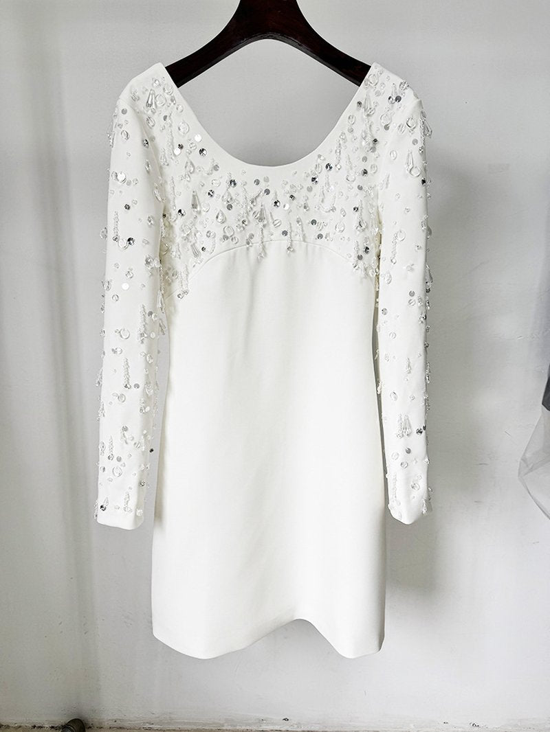 Square Neck Beaded Long Sleeve Mini Dress H6740