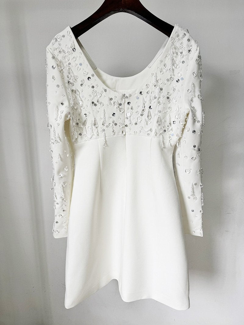 Square Neck Beaded Long Sleeve Mini Dress H6740