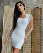Square Neck Beaded Sleeve Mini Dress H3683
