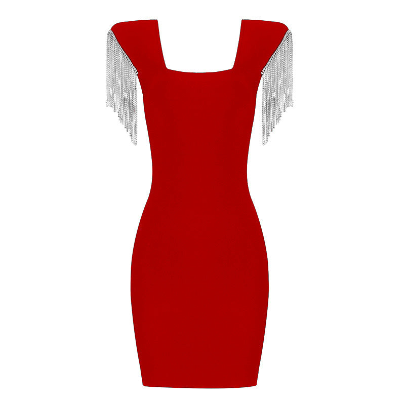 Square Neck Beaded Sleeve Mini Dress H3683
