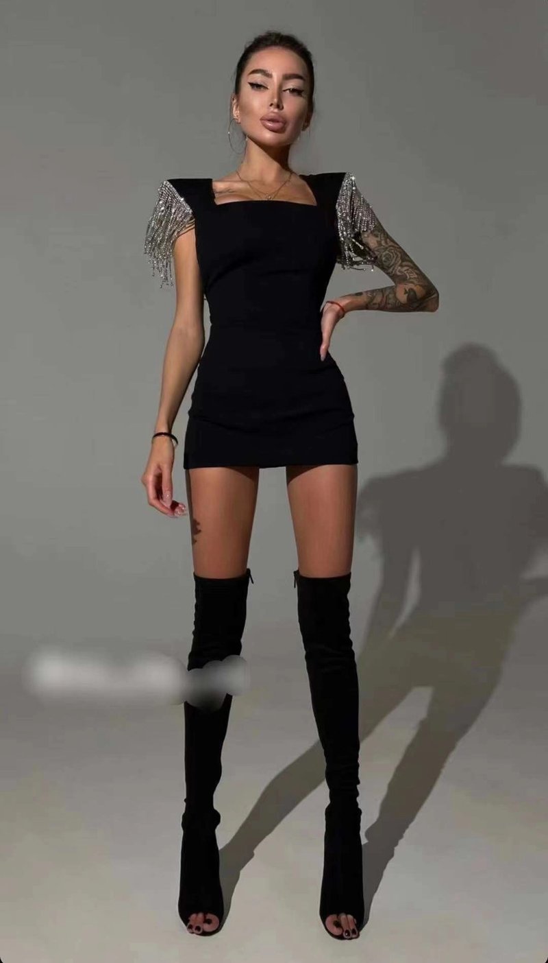 Square Neck Beaded Sleeve Mini Dress H3683