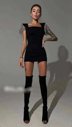Square Neck Beaded Sleeve Mini Dress H3683