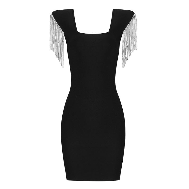 Square Neck Beaded Sleeve Mini Dress H3683