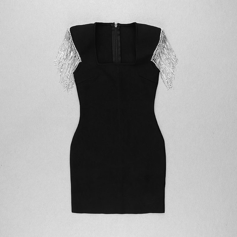 Square Neck Beaded Sleeve Mini Dress H3683