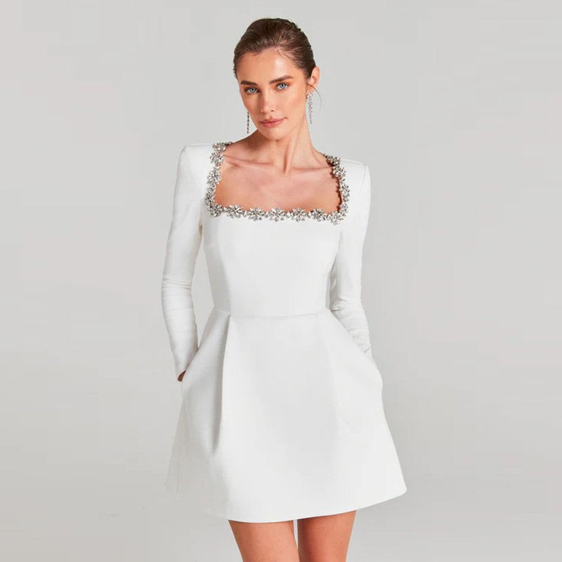 Square Neck Beaded White Mini Dress H6310
