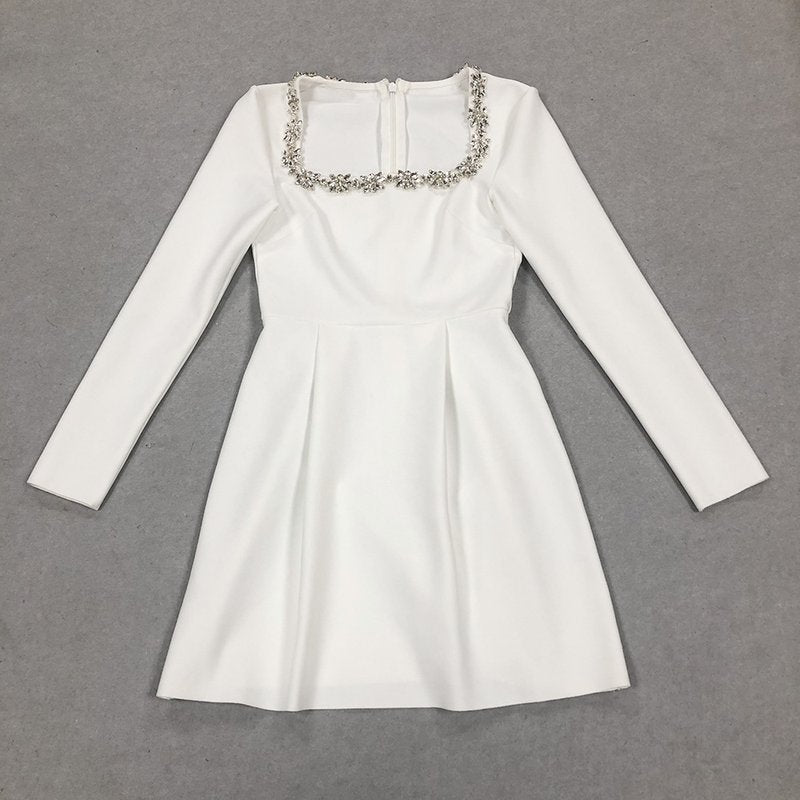 Square Neck Beaded White Mini Dress H6310