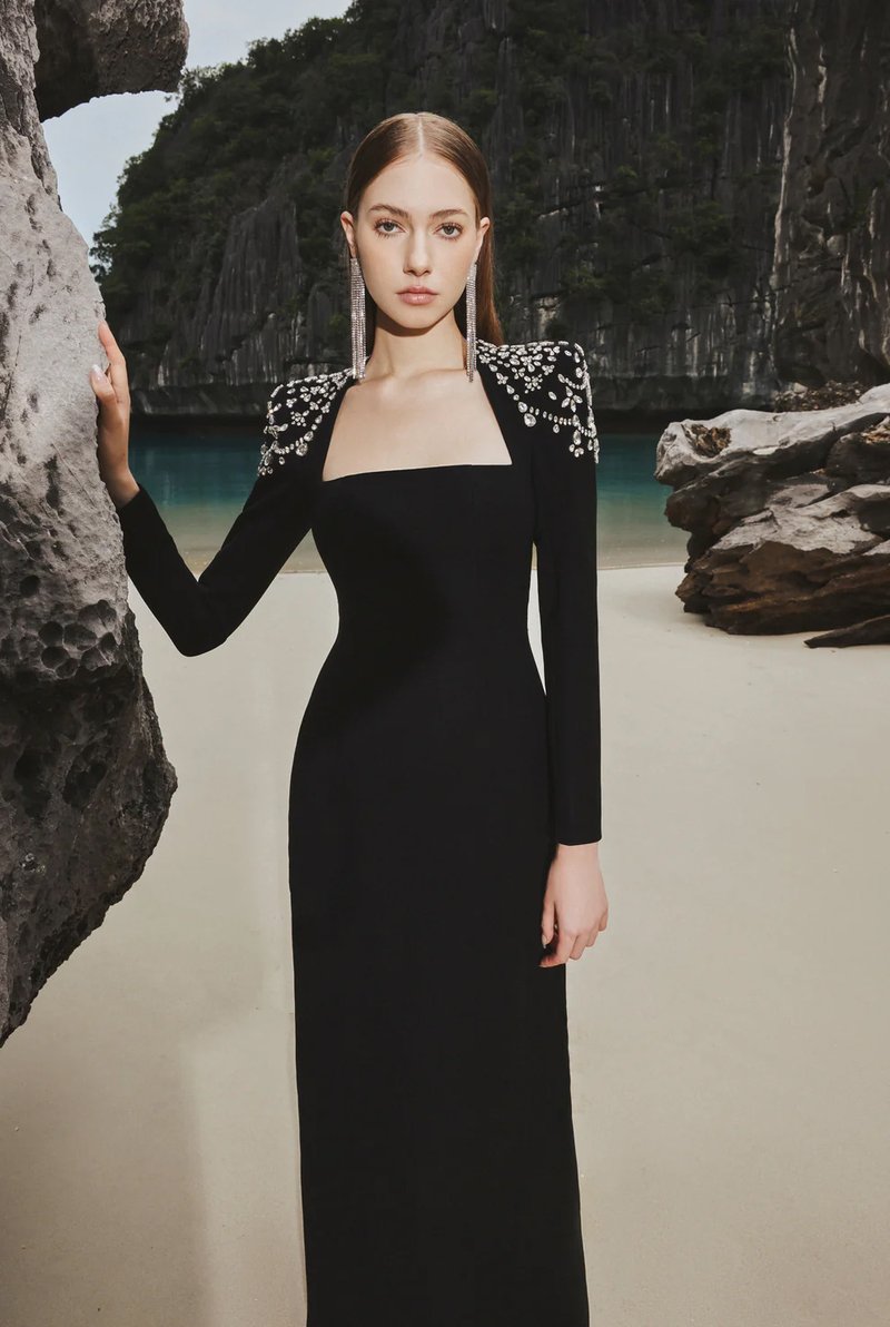 Square Neck Embellished Sleeve Long Dress H6542