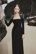 Square Neck Embellished Sleeve Long Dress H6542