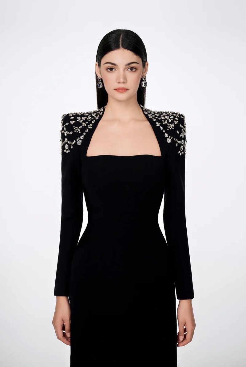 Square Neck Embellished Sleeve Long Dress H6542