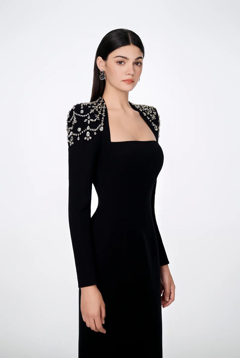 Square Neck Embellished Sleeve Long Dress H6542
