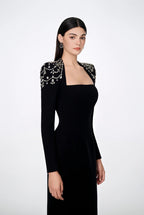 Square Neck Embellished Sleeve Long Dress H6542