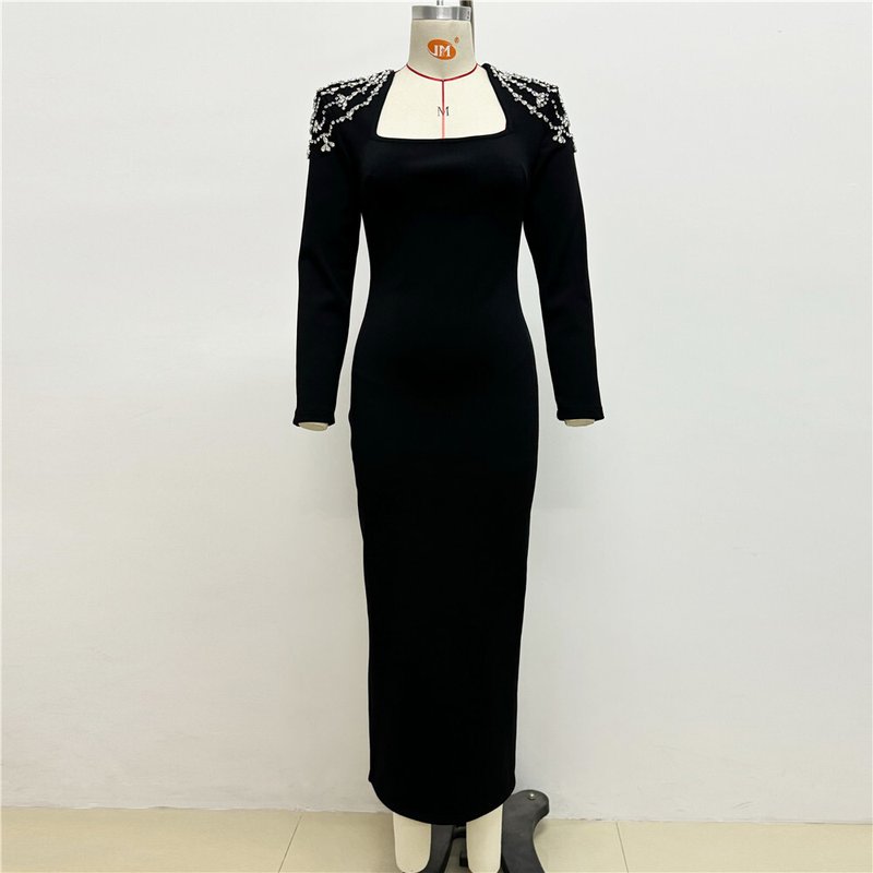 Square Neck Embellished Sleeve Long Dress H6542