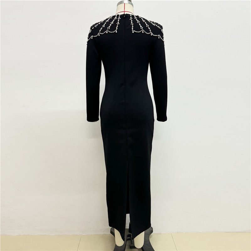 Square Neck Embellished Sleeve Long Dress H6542