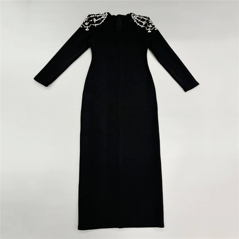 Square Neck Embellished Sleeve Long Dress H6542