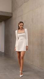 Square Neck Embellished White Mini Dress H6310