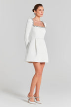 Square Neck Embellished White Mini Dress H6310