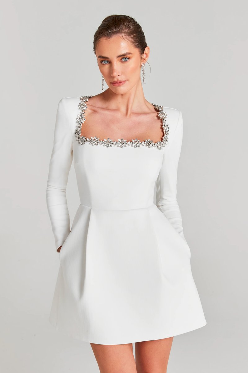 Square Neck Embellished White Mini Dress H6310