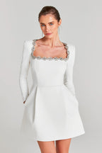 Square Neck Embellished White Mini Dress H6310