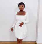 Square Neck Embellished White Mini Dress H6310
