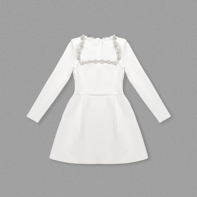 Square Neck Embellished White Mini Dress H6310
