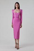 Square Neck Long Sleeve Fitted Midi Dress H5496