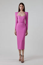 Square Neck Long Sleeve Fitted Midi Dress H5496