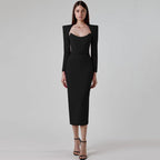 Square Neck Long Sleeve Fitted Midi Dress H5496