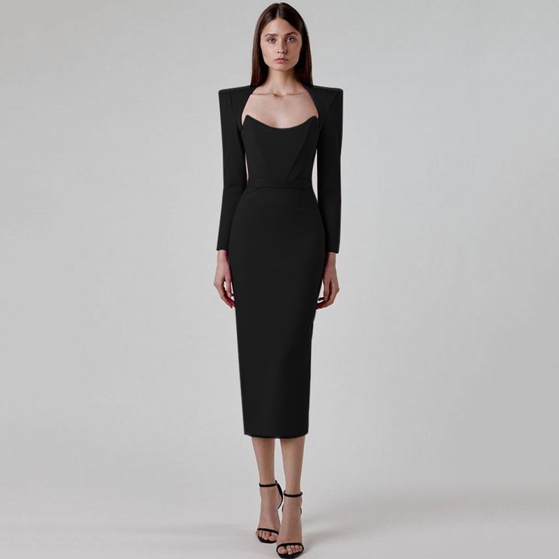 Square Neck Long Sleeve Fitted Midi Dress H5496