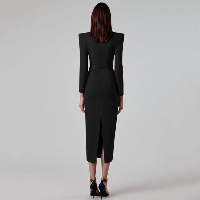 Square Neck Long Sleeve Fitted Midi Dress H5496