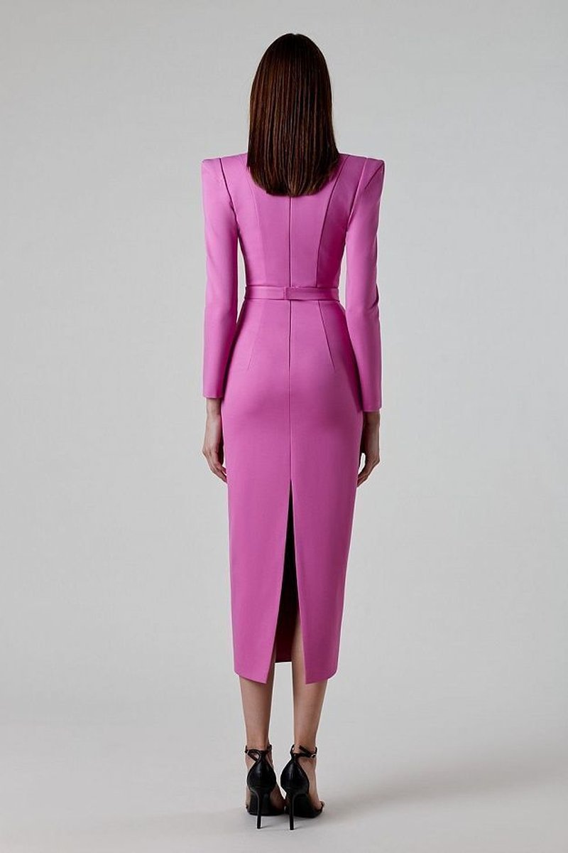 Square Neck Long Sleeve Fitted Midi Dress H5496