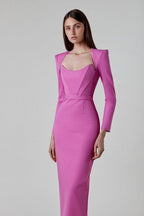 Square Neck Long Sleeve Fitted Midi Dress H5496