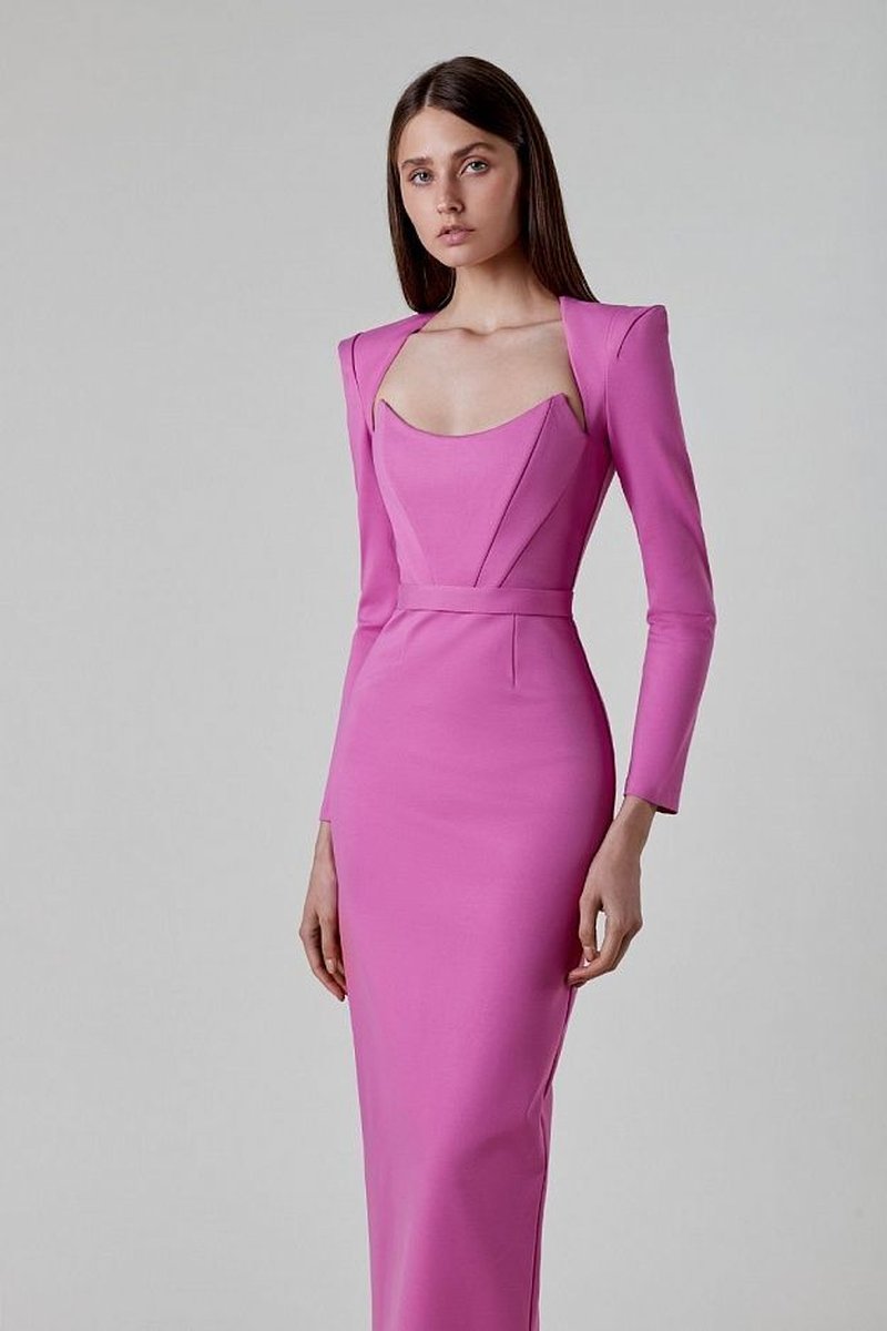 Square Neck Long Sleeve Fitted Midi Dress H5496