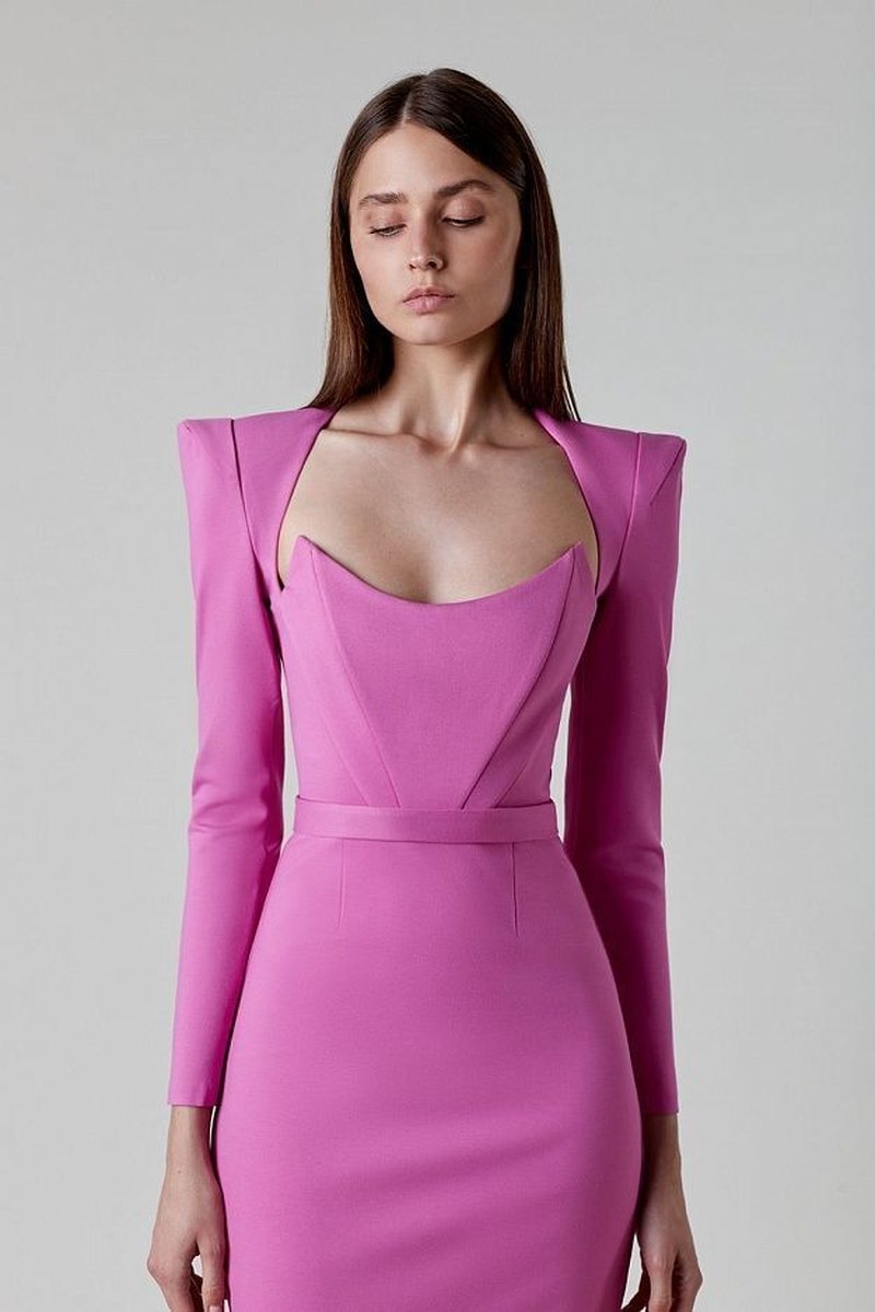 Square Neck Long Sleeve Fitted Midi Dress H5496