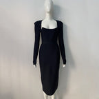 Square Neck Long Sleeve Fitted Midi Dress H5496