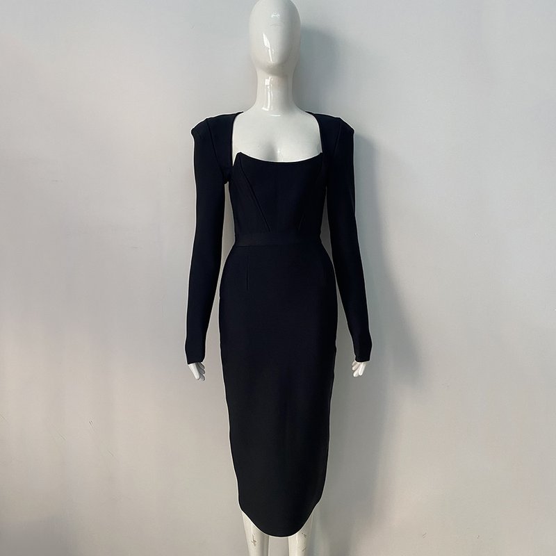 Square Neck Long Sleeve Fitted Midi Dress H5496