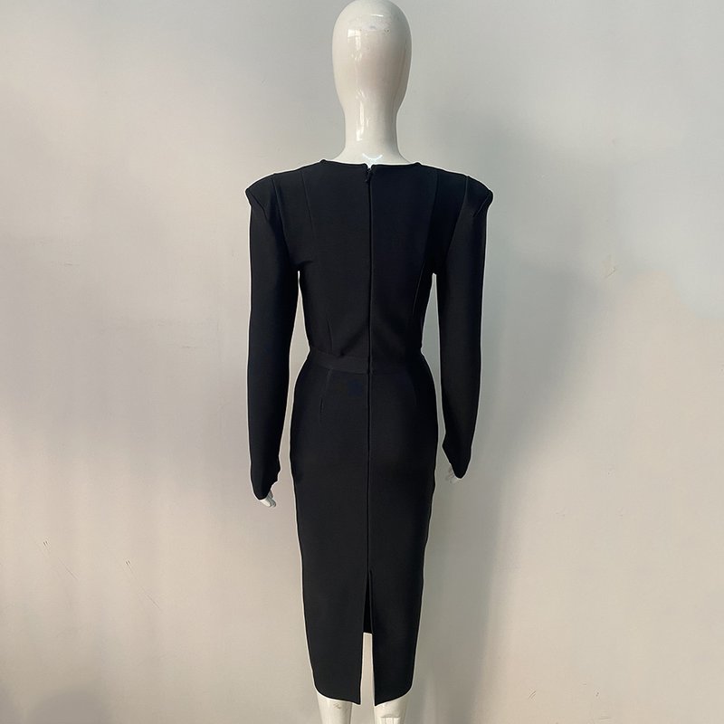 Square Neck Long Sleeve Fitted Midi Dress H5496