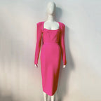 Square Neck Long Sleeve Fitted Midi Dress H5496