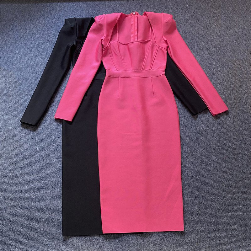 Square Neck Long Sleeve Fitted Midi Dress H5496